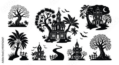 Spooky halloween scene with haunted houses trees bats and a crescent moon