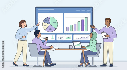 Diverse team of professionals analyzing business data and financial reports on a large screen during a collaborative meeting.