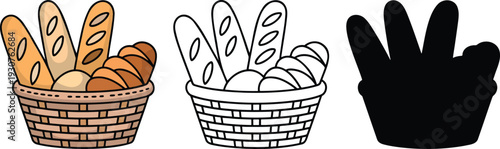 Bread basket silhouette & Outline and illustration set isolated on transparent background