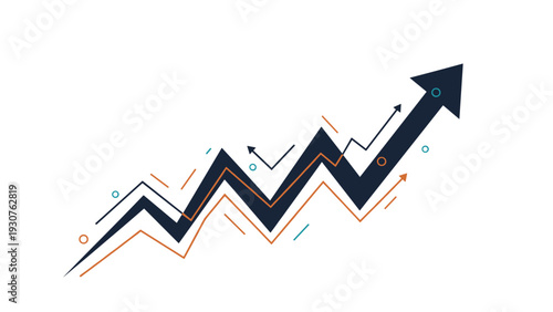 Bold dark arrow trending upwards with several smaller lines and circles represents consistent growth, profit, and market success.