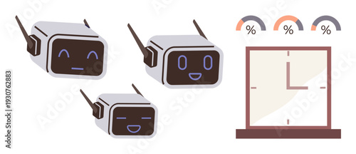 Artificial intelligence, customer service, time management, data analysis, productivity, technology innovation. Three chatbots with emotive faces, a clock and a dashboard. Artificial intelligence