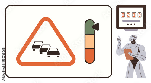 Traffic control, AI solutions, urban planning, automation, smart cities, congestion management. Robot analyzing traffic indicators with a warning sign and a gauge. Traffic control and AI solutions