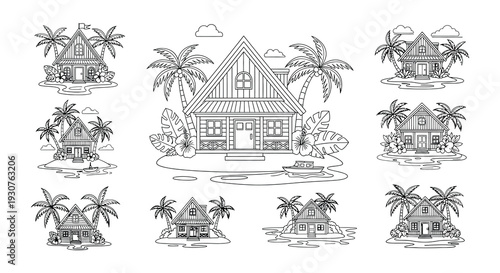 Collection of tropical beach houses with palm trees in black and white