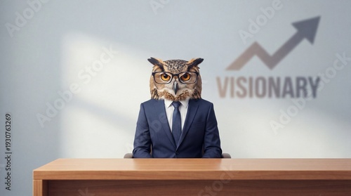 Wise owl executive in a modern business suit embodying strategic foresight and visionary leadership for future success and growth