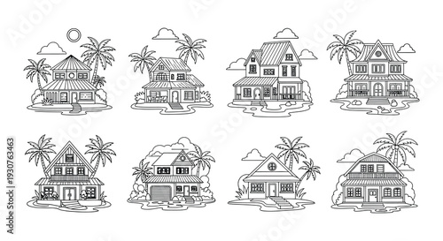 Collection of tropical beach houses with palm trees in black and white