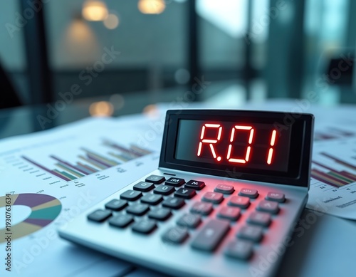 Focused view of calculator screen with ROI near finance paperwork