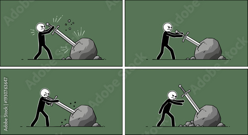 Man Pulling Sword from Stone Vector Illustration Set