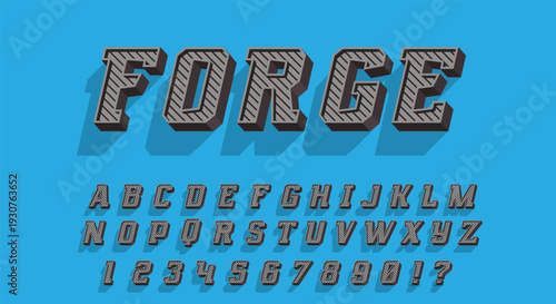 Forge 3D Font - Metallic Striped Alphabet with Long Shadow on Blue
