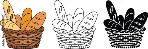 Bread basket silhouette & Outline and illustration set isolated on transparent background