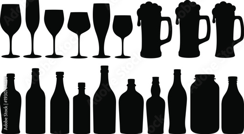 Alcohol drink glass and bottle silhouette collection featuring wine beer beverage vector illustration set isolated on dark background
