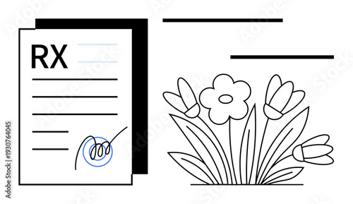 RX document featuring signature beside blooming flowers, symbolizing healthcare, recovery, and nature. Ideal for wellness, medicine, prescriptions, natural healing, eco-health balance simple flat