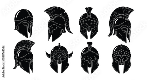 A collection of stylized spartan and ancient greek warrior helmets