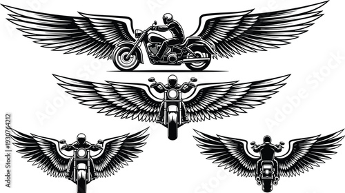 Motorcycle with angel wings illustration set, black and white biker emblem vector collection isolated on gray background for tattoo and apparel design