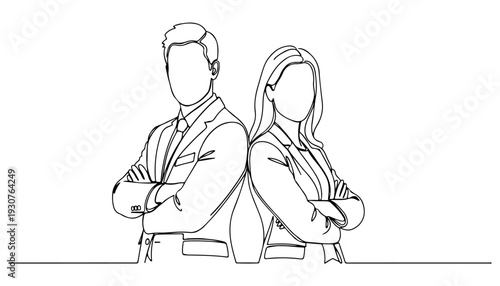 Single continuous line drawing of two business professionals in a confident pose