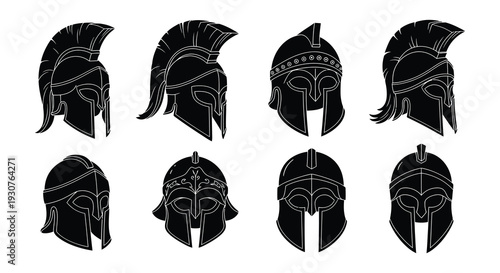 A collection of stylized spartan and ancient greek warrior helmets