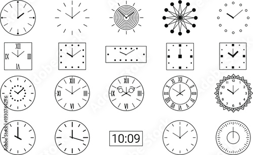 Set Of Minimalist Black And White Clock Icons Featuring Roman Numerals Geometric Watch Faces And Digital Displays For Time Management And Interface Design Vector