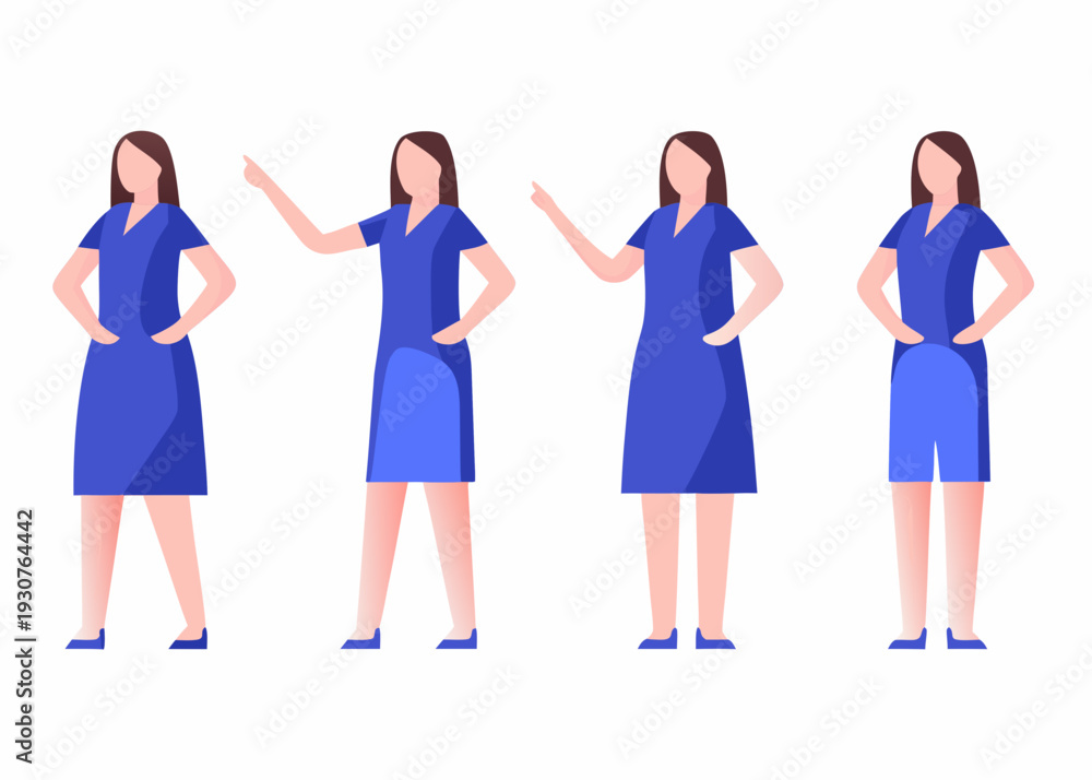Fototapeta premium Four identical women in blue dresses presented in different poses