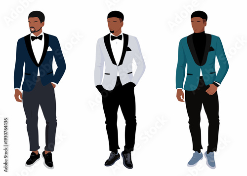 Three stylish african american men in formal attire various jacket colors