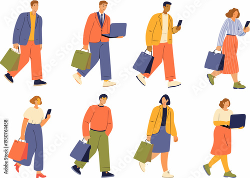 Diverse group of people walking with shopping bags and devices