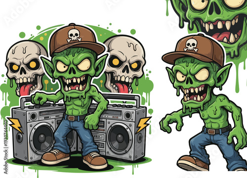 Urban Cartoon Zombie Character Wearing Baseball Cap With Boombox And Skulls Featuring Green Slime Drips For Streetwear Apparel Design And Halloween Vector Illustration