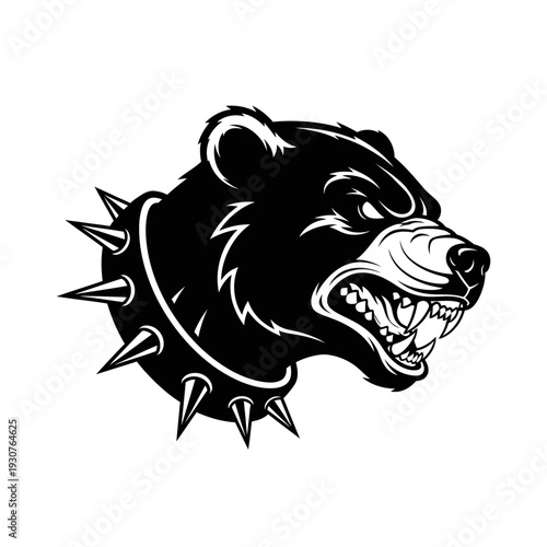 Aggressive bear head in profile with spiked collar isolated on white