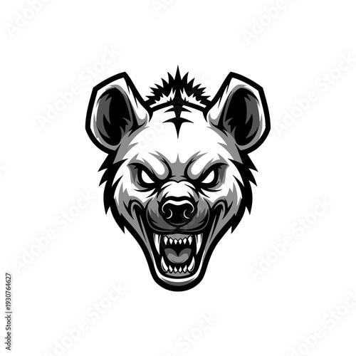 Aggressive hyena illustration in black and white against a clean white backdrop