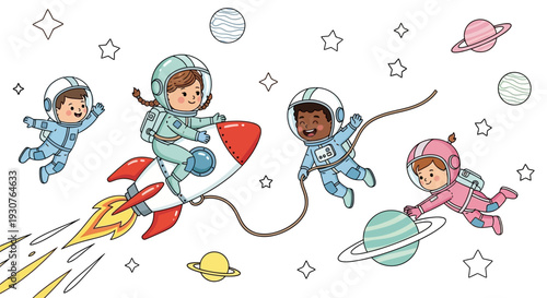 Children in space suits flying through cosmos with rocket propulsion illustration
