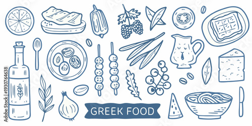 A colorful doodle illustration of various traditional greek foods