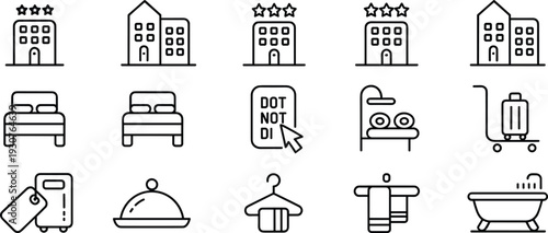 Hotel and hospitality icon outline collection featuring building bed luggage spa bath and service symbols vector illustration set isolated on dark background