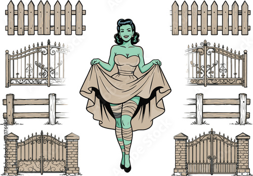 Vintage Pin Up Mummy Girl In Beige Dress Surrounded By Different Wooden Fences And Iron Gates Isolated On White Background For Halloween Design Vector