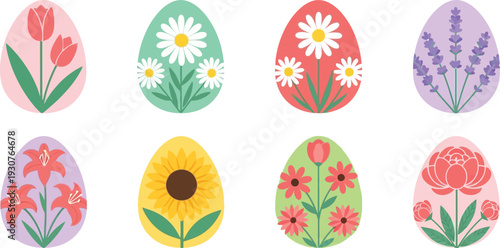 Easter sunday vector illustration of colorful eggs with spring flowers
