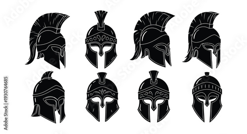 A collection of stylized spartan and ancient greek warrior helmets