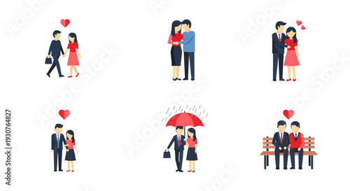 Illustration of people in love walking and embracing each other under heart symbols and an umbrella together outdoors in a vector format