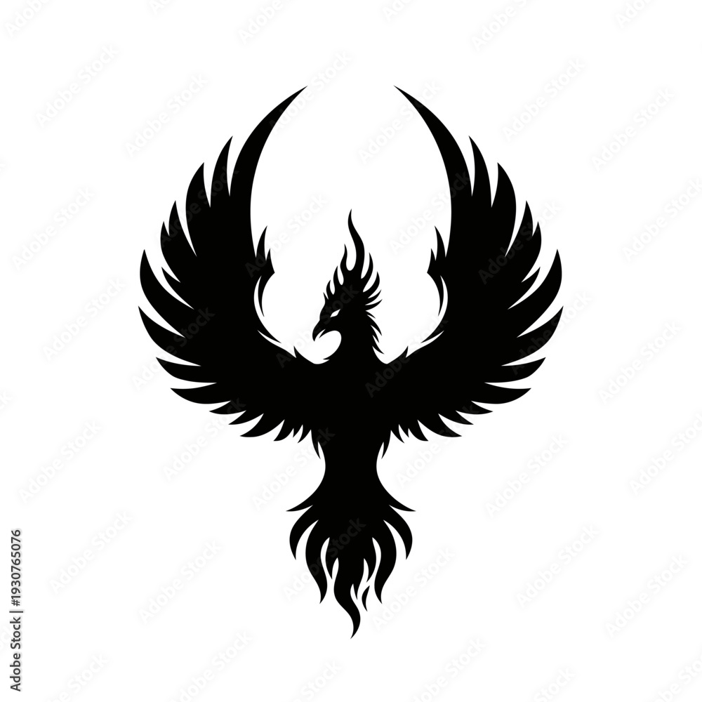 Fototapeta premium Black phoenix silhouette with spread wings against a white background