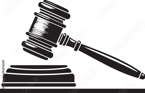 Black silhouette wooden gavel striking sound block judge hammer on base, law court justice legal system vector illustration for courtroom designs logos