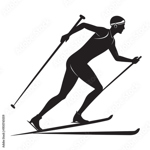 A male cross-country skier glides across fresh snow in a race, pushing off with poles against white background, celebrating winter sport and outdoor activity