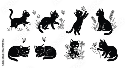 Collection of black silhouette cats with butterflies and floral elements