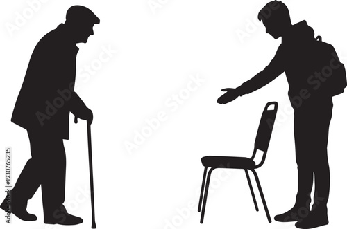 Silhouette of Young Man Offering Seat to Elderly Person