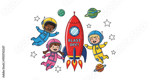 Children floating around a rocket in space with stars and planets, Whisk_5f680989753c945bc7a4be82c2636a01dr.eps illustration