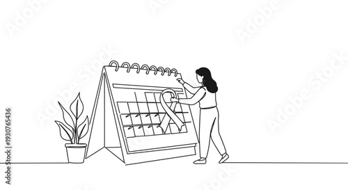 Monoline illustration of a person adjusting a calendar while standing next to a potted plant on a transparent background