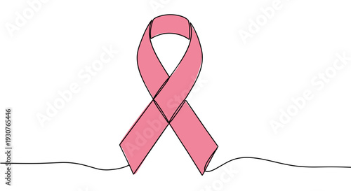 Monoline illustration of pink awareness ribbon on a transparent background symbolizing cancer awareness and support for patients in a minimalistic and modern style
