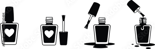 Nail polish bottle icon silhouette and outline collection featuring manicure cosmetic brush vector illustration set isolated on dark background
