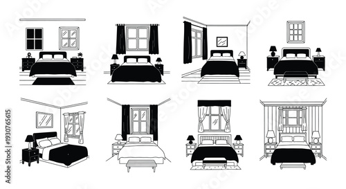 Minimalist bedroom interior designs illustrated in black and white line art