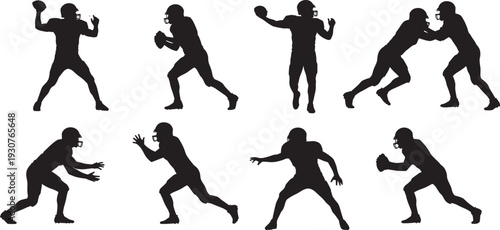 American Football Player Silhouette Vector Set, Action Poses Of Quarterback Throwing, Athletes Tackling And Running, Sports Competition Graphics, Isolated On White Background, Professional 