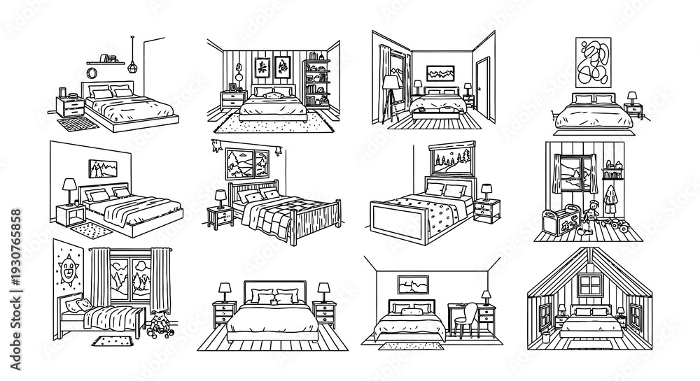 Obraz premium Minimalist bedroom interior designs illustrated in black and white line art