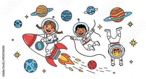 Astronauts flying through space with planets and stars in the background illustration