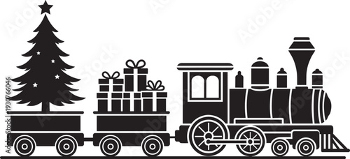 Black silhouette Christmas train carrying wrapped gift boxes and decorated tree with star, festive holiday vector illustration for seasonal designs, cards, decor