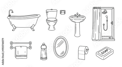 Line art illustration of various bathroom fixtures and accessories