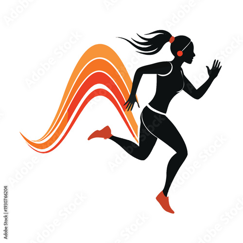 Female runner silhouette with dynamic colorful abstract waves of speed fast running woman athlete for fitness marathon competition workout health club and active life concept