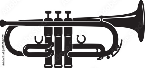 Black silhouette classic trumpet brass instrument with three pistons valves bell mouthpiece detailed outline, music jazz band vector illustration for concert poster designs logos